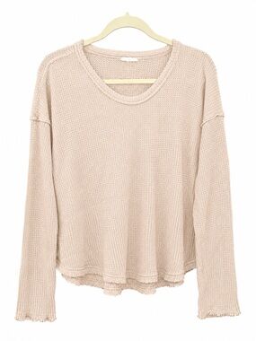 LA MIEL Long Sleeve Waffle Knit Top - Beige